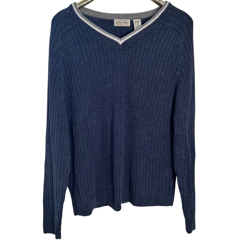 St Johns Bay Sweater Mens XXL Blue Linen Cotton Ribbed‎ V-Neck Long Sleeve